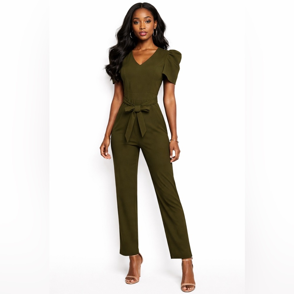 Olive Green Puff-Sleeve V-Neck Jumpsuit with Tie Waist